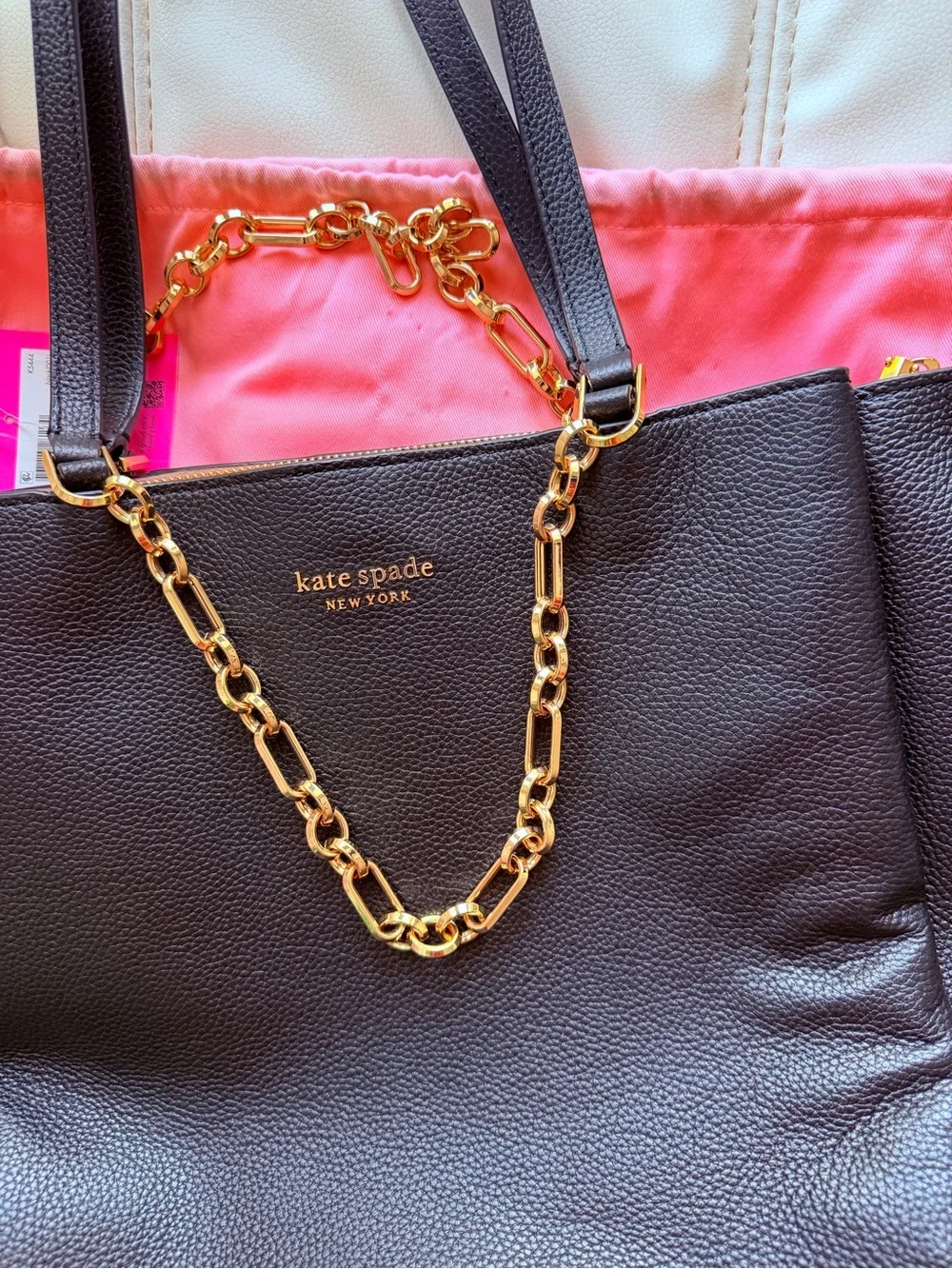 NWT Kate Spade Carlyle Pebbled Leather Tote | Black | Gold Chain | MSRP $398